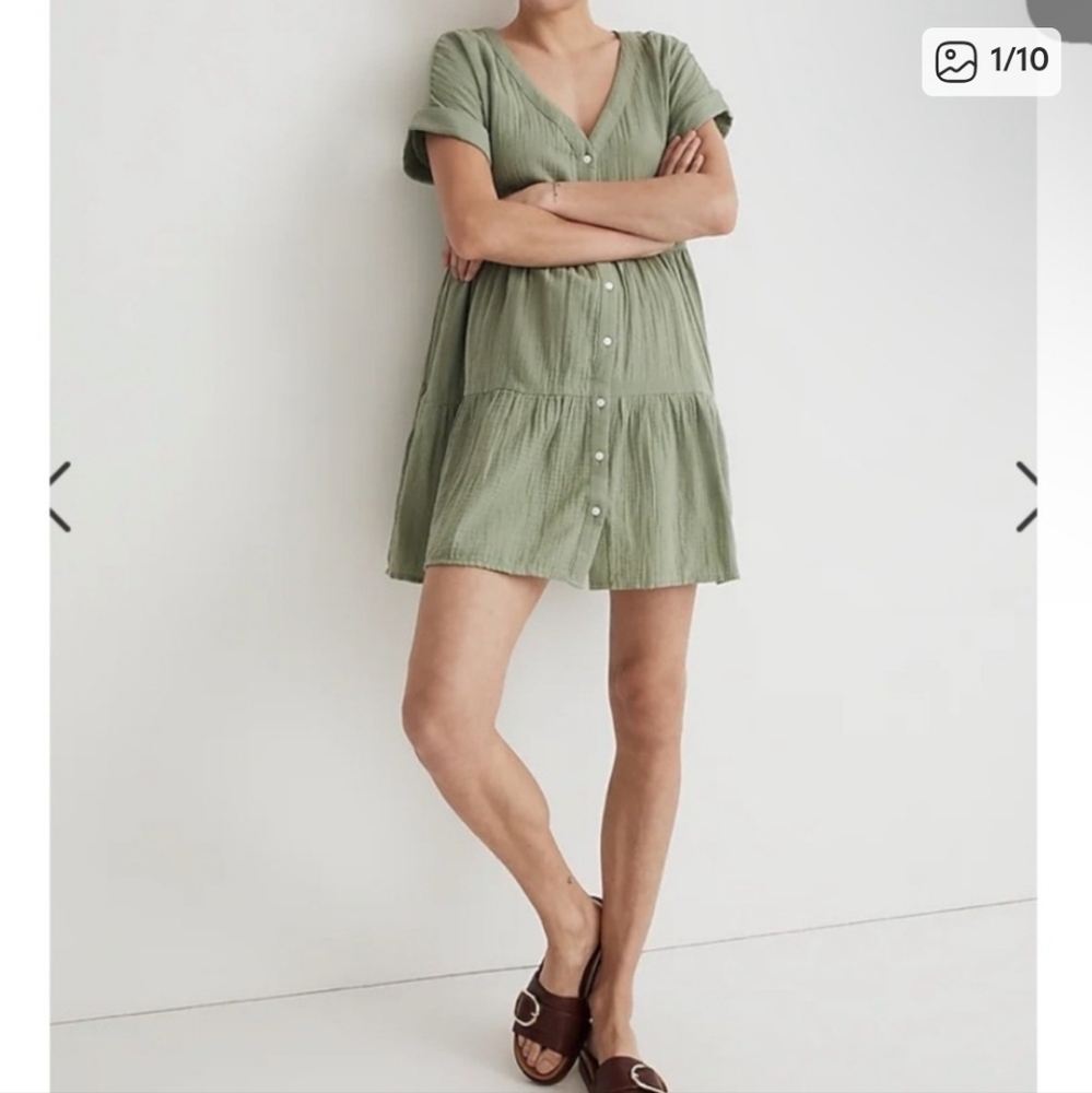 Madewell 100% Cotton Green Tiered Mini Dress